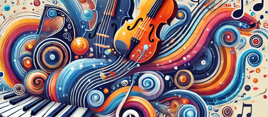 DALL·E 2024-08-01 14.20.30 - Create an abstract image for a blog with the title '¡Redescubre tu Talento con Clases de Música Particulares!'. The image should evoke creativity, mus