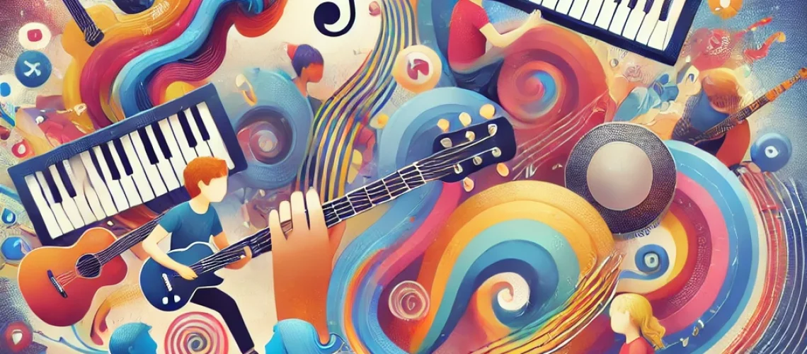 DALL·E 2024-08-01 15.03.32 - Create an abstract image for a blog with the title '¡Inicia el Viaje Musical de tu Hijo con Nuestro Curso de Iniciación!'. The image should evoke crea