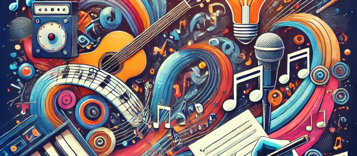 DALL·E 2024-08-01 15.10.22 - Create an abstract image for a blog with the title 'Curso de composición musical_ Desbloquea toda tu Creatividad'. The image should evoke creativity,