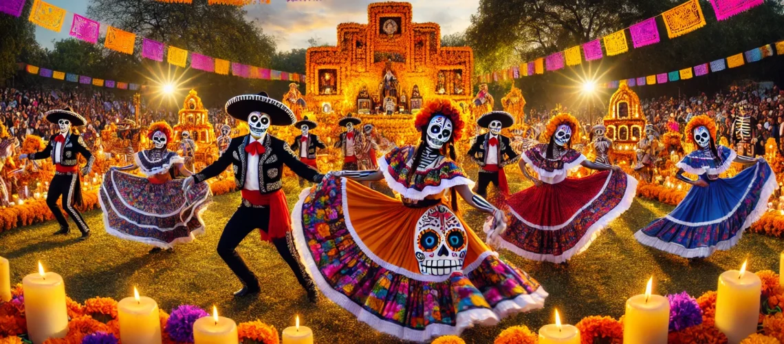 DALL·E 2024-09-26 15.05.03 - A vibrant photograph capturing the essence of traditional Mexican Day of the Dead (Día de Muertos) celebrations. The image should feature dancers in c